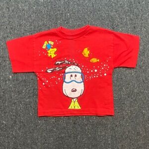 Peanuts Vintage 90s Kids XS Red Single Stitch Snoopy Scuba Diving Graphic Shirt